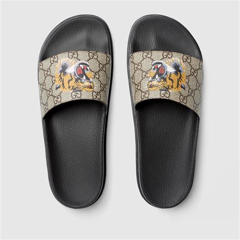 gucci men's gg supreme st tiger pool slide sandals|Gucci gg slide sandals.